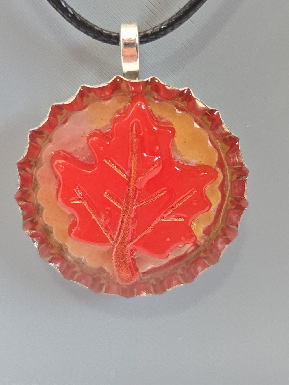 Handmade Autumn Maple Leaf Resin Bottle Cap Necklace